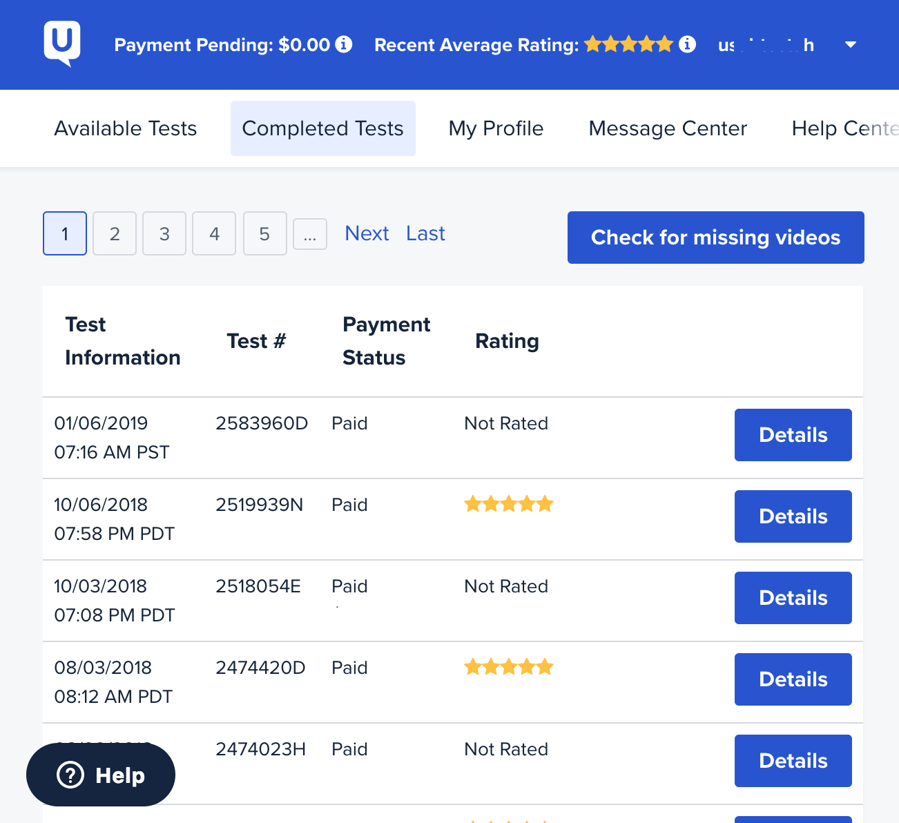 User Testing screenshot